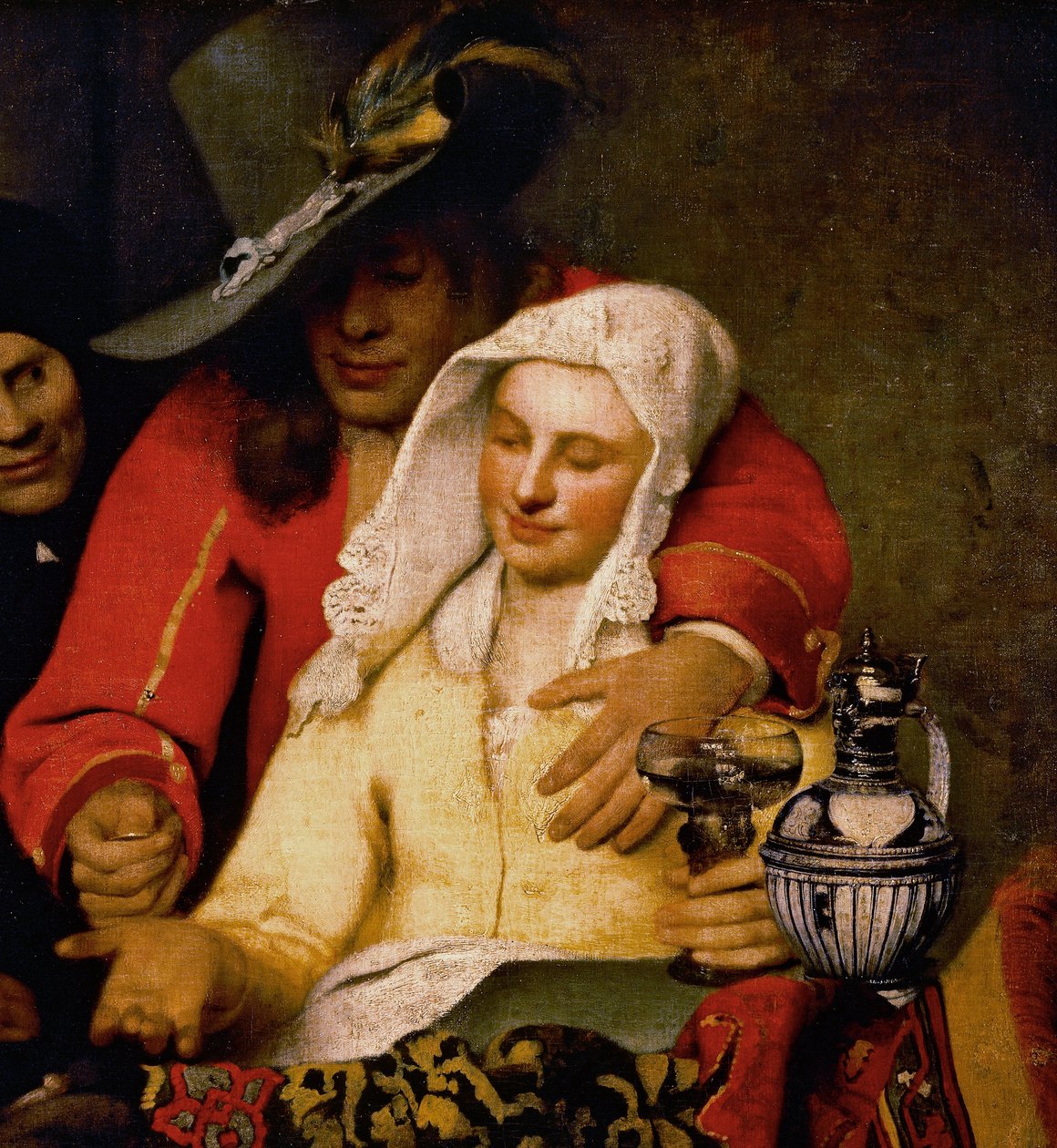 En man håller fram ett mynt till en kvinna som rör vid hennes bröst, detalj från The Procuress av Johannes Vermeer