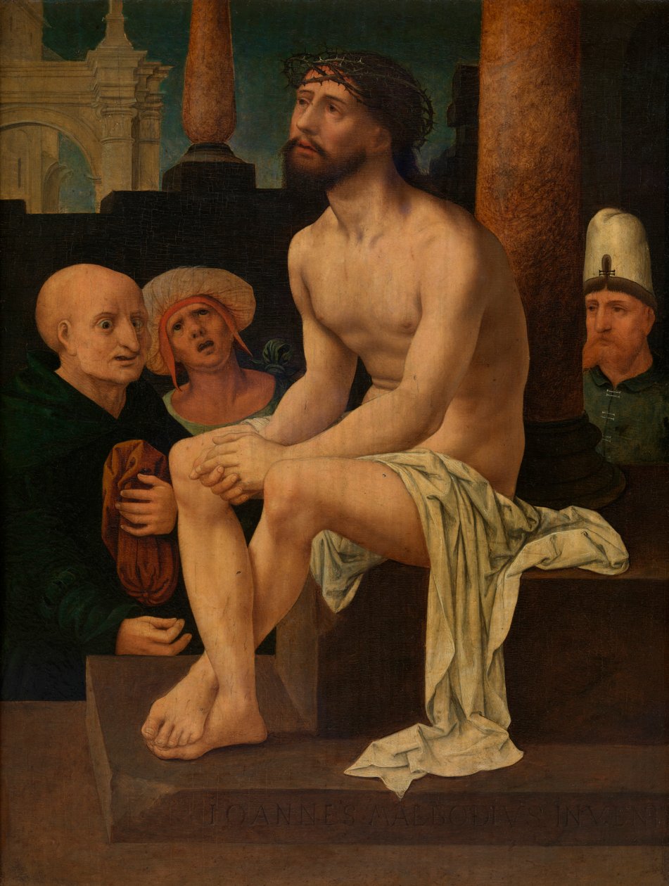 Kristus sitter på den kalla stenen (olja på panel) av Jan (c.1472 c.1533) Gossaert