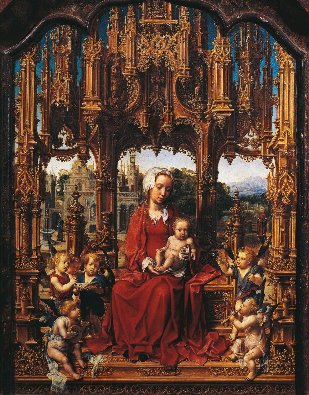 Madonna med barn- och änglarmusiker, centralpanel i Malvern Triptych av Jan (c.1472 c.1533) Gossaert
