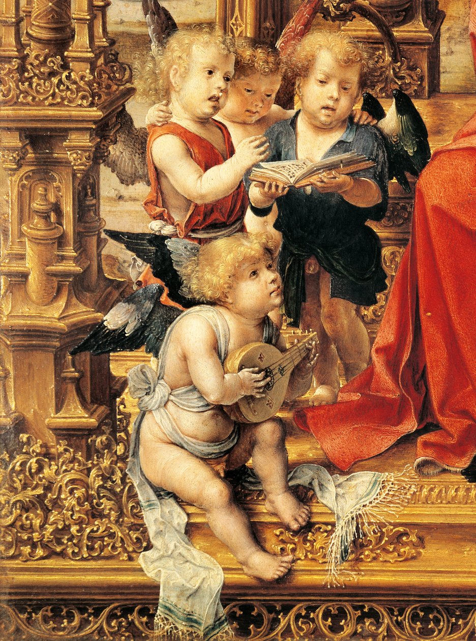 Änglar som spelar musikinstrument, detalj från centralpanelen i Malvern-triptyken av Jan (c.1472 c.1533) Gossaert