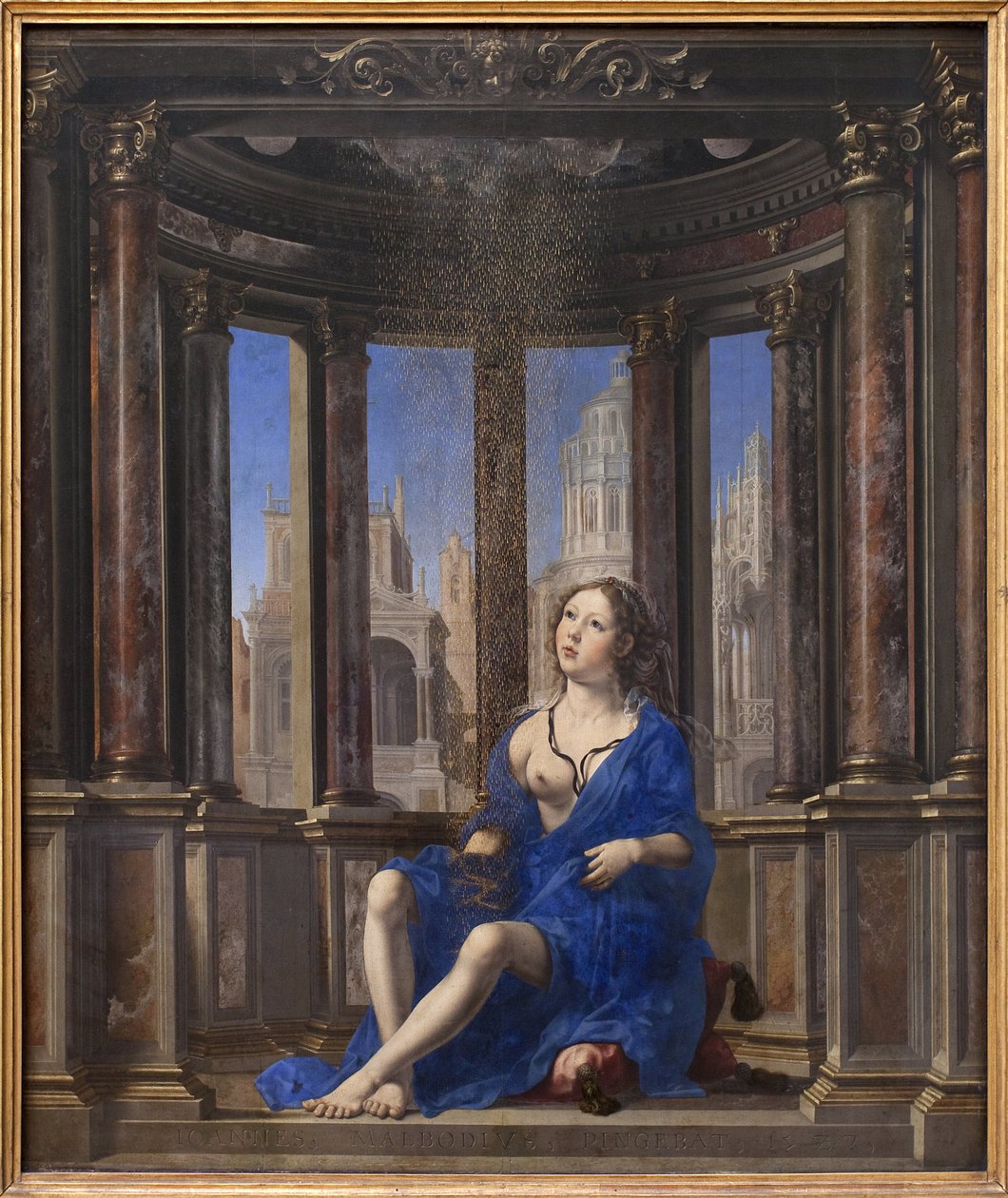 Danae. Jupiter förvandlas till ett guldregn för att förföra den unga kvinnan. Målning av Jan Gossaert dit Mabuse (1478-1532), olja på trä (95 x 113 cm) av Jan (c.1472 c.1533) Gossaert