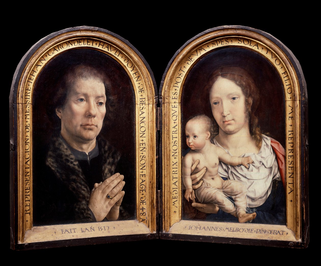 Diptyk Carondelet: till vänster porträtt av beskyddaren Jean Carondelet, till höger Jungfrun och barnet. Målning av Jan Gossaert dit Mabuse (1478-1536) av Jan (c.1472 c.1533) Gossaert