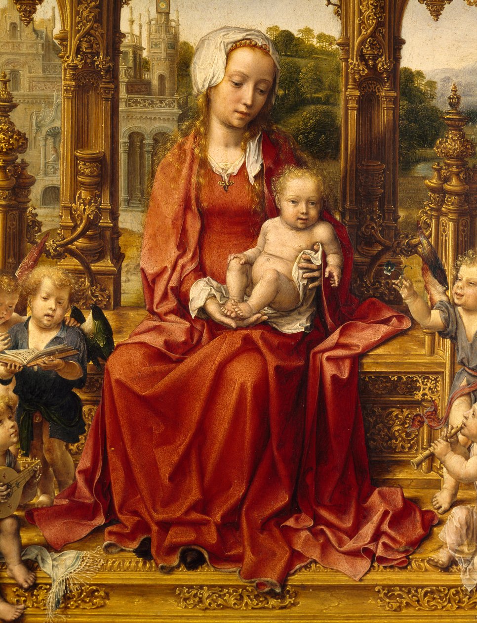 Madonna med barn- och änglarmusiker, centralpanel i Malvern Triptych av Jan (c.1472 c.1533) Gossaert