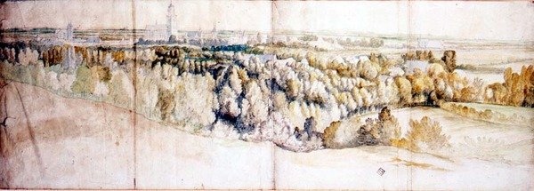 Utsikt över Arnhem från öster (penna och akvarell) av Jan (circle of) Siberechts