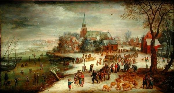 Utsikt över Shelle och floden Schelde på vintern med en marknad och skridskoåkare av Jan (follower of) Brueghel