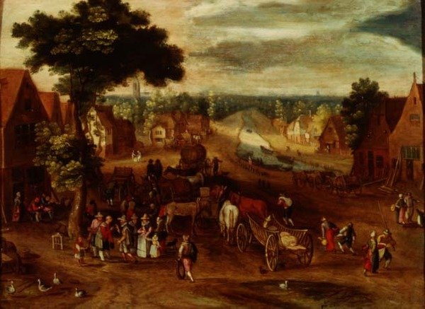 En by med resenärer utanför ett värdshus av Jan (follower of) Brueghel