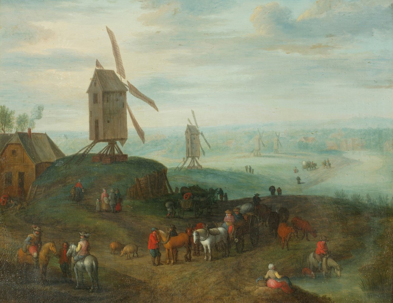 Landskap med väderkvarnar (olja på koppar) av Jan (follower of) Brueghel