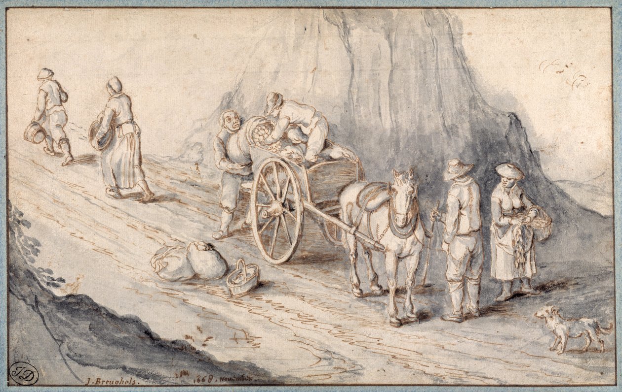 Bönder lastar en enhästsvagn med rotfrukter (penna och bläck med tvätt på papper) av Jan (follower of) Brueghel