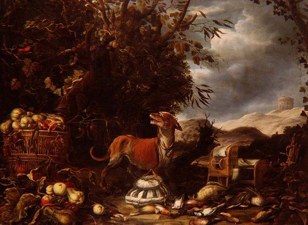 Ett jaktstilleben med döda fåglar, fågelburar, frukt och en hund vid ett trädkrona i ett landskap. av Jan (follower of) Fyt