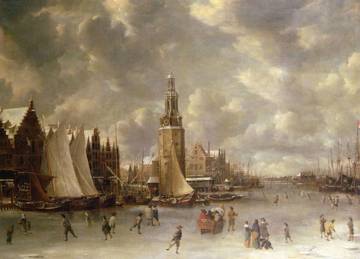 Vinterlandskap med Montelbaanstoren, Amsterdam (olja på duk) av Jan Abrahamsz. Beerstraaten