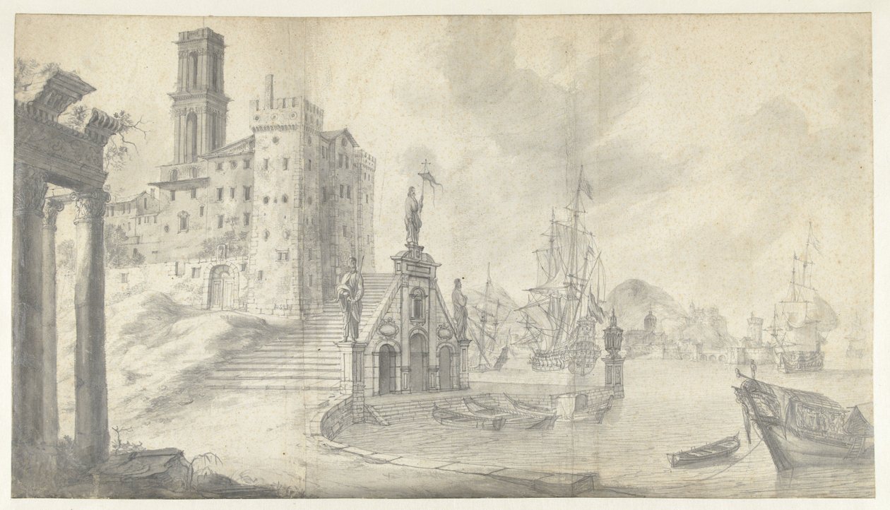 Utsikt över hamnen i staden vid Medelhavet av Jan Abrahamsz. Beerstraten