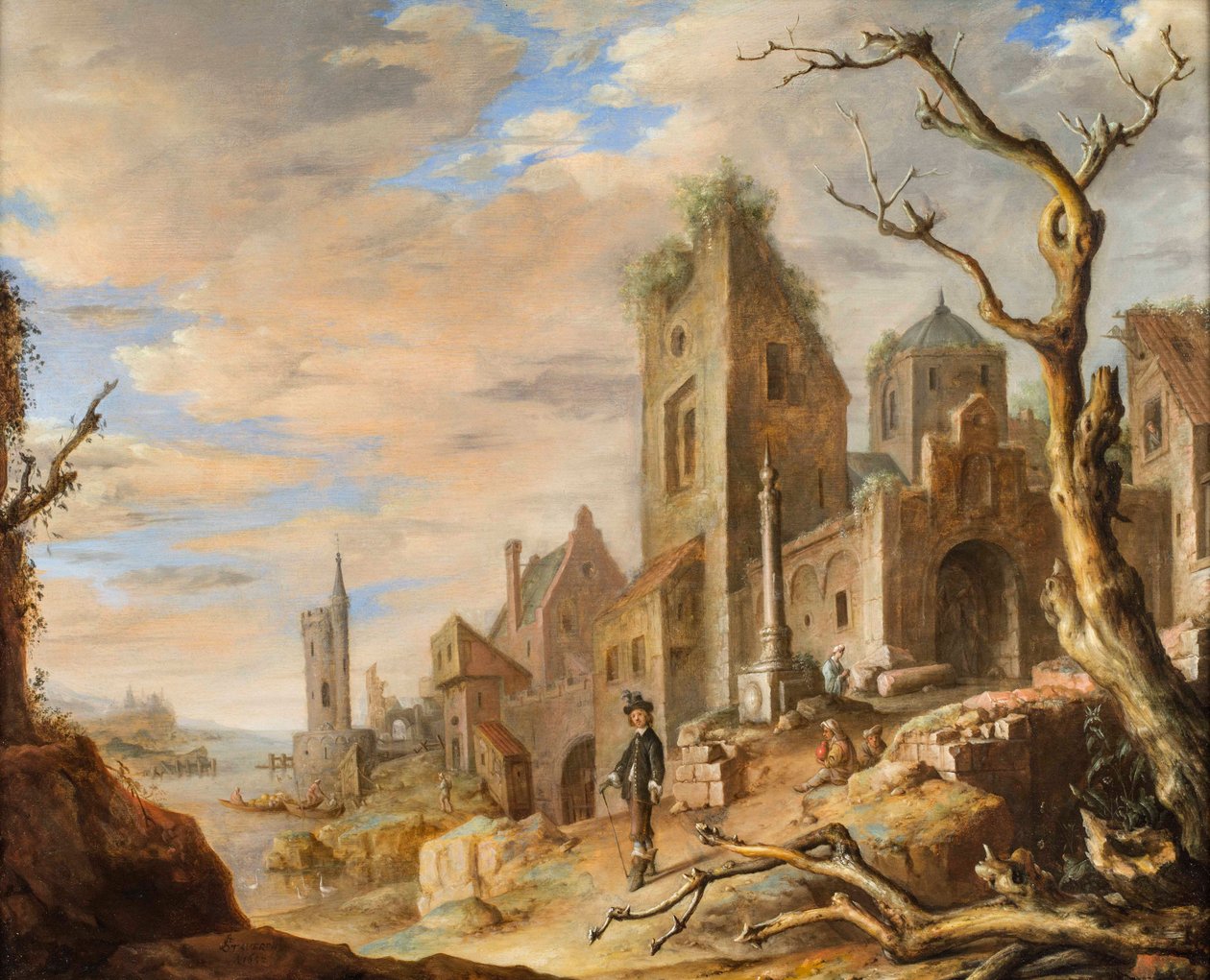 Ett flodlandskap med en medeltida stad av Jan Adriansz van Staveren
