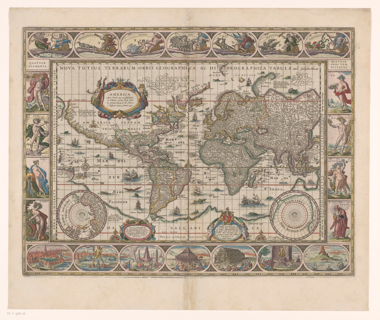 Wereldkaart met dekorativt randen En ny geografisk och hydrografisk karta över hela världen av Jan Aertse van den Ende