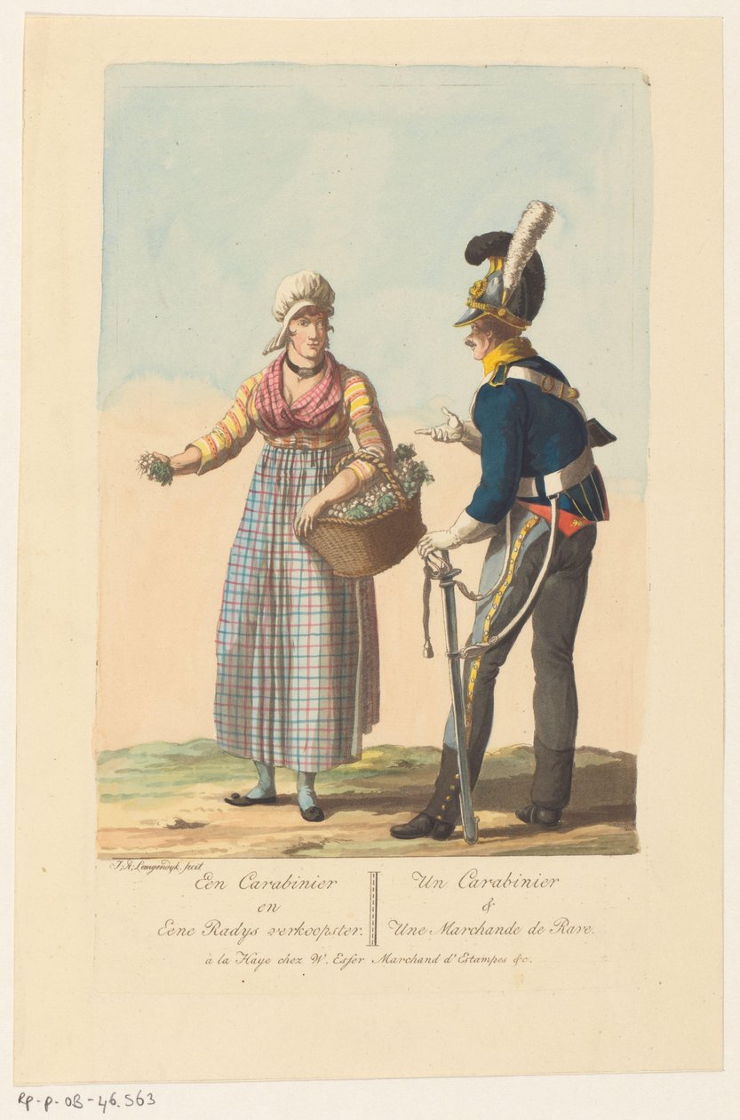Kavallerisoldat och en rädissäljare A Carabinier and a Radys Saleswoman / Un Carabinier & Une Marchande de Rave (titel på objekt) av Jan Anthonie Langendijk Dzn
