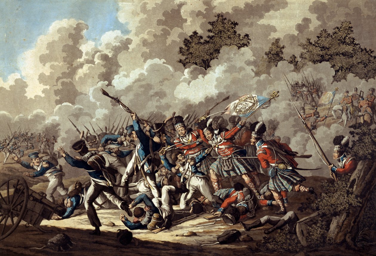 Franska gardets nederlag av högländarna, La Haye Sainte, under slaget vid Waterloo, 1815 (färgad akvatint) av Jan Anthonie Langendyk