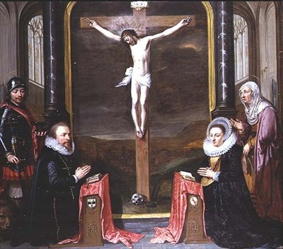 En korsfästelse med porträtt av donatorerna Adriaen Meusyenbroeck och hans fru, Anna Elant, deltog av St. Adrian och St. Elizabeth av Jan Anthonisz. van Ravesteyn