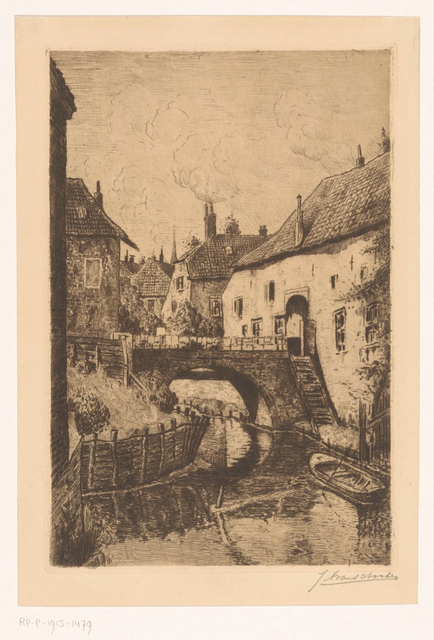 Vy över en bro vid Sisters of Orthenpoort i Den Bosch av Jan Antonius van Schooten (signed by artist)