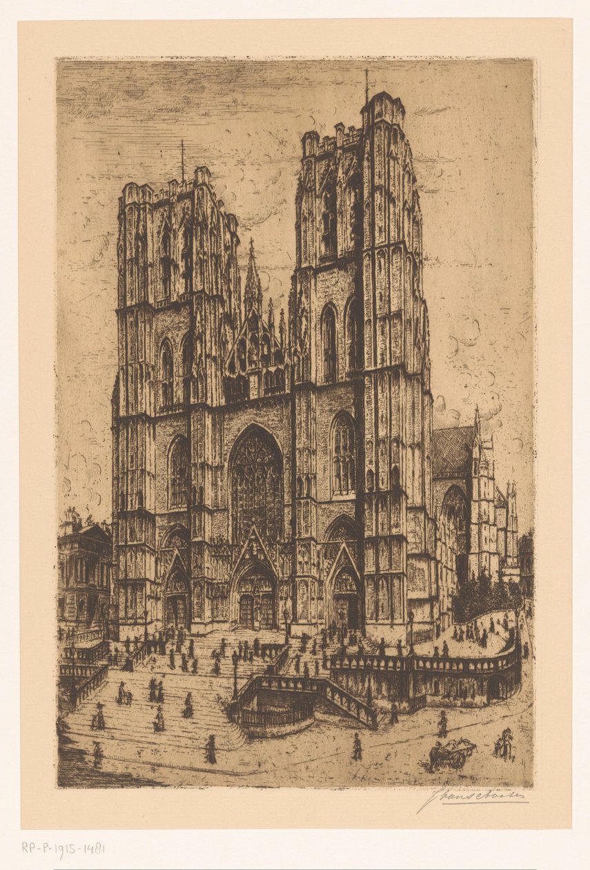 Katedralen Saint Michael och Saint Gudula i Bryssel av Jan Antonius van Schooten (signed by artist)