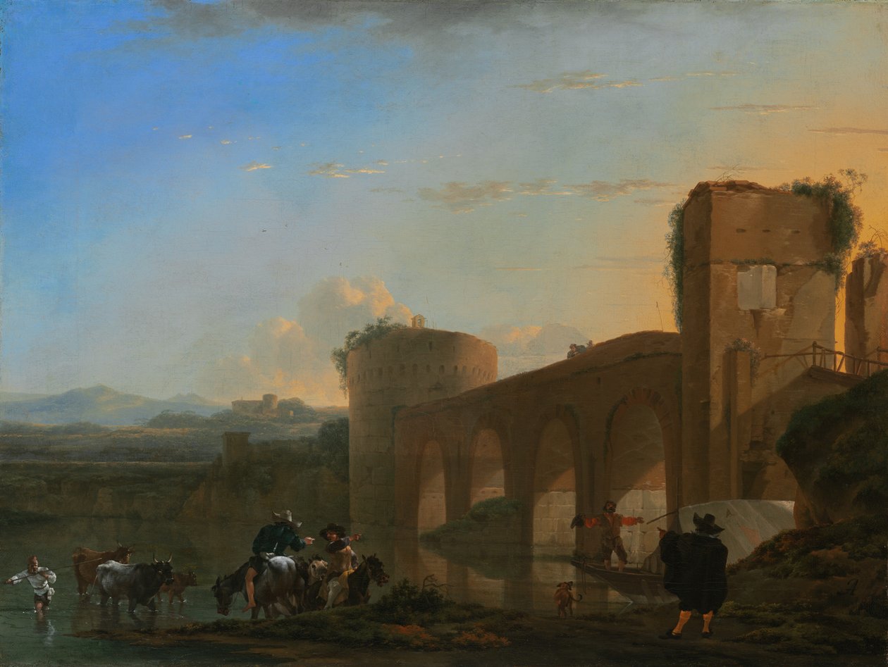 Tiberfloden med Ponte Molle vid solnedgången, ca. 1650. av Jan Asselijin