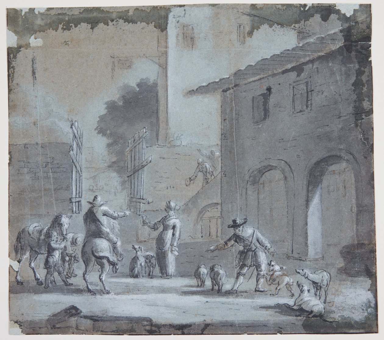 Stadsbild med öppen port, figurer och djur av Jan Asselijn