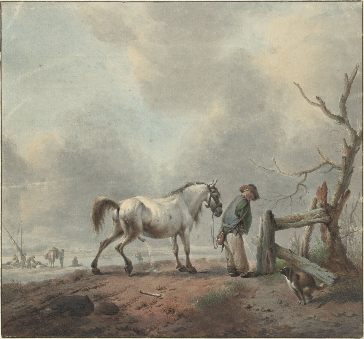 Landskap med en vattnande man, häst och hund av Jan Augustini