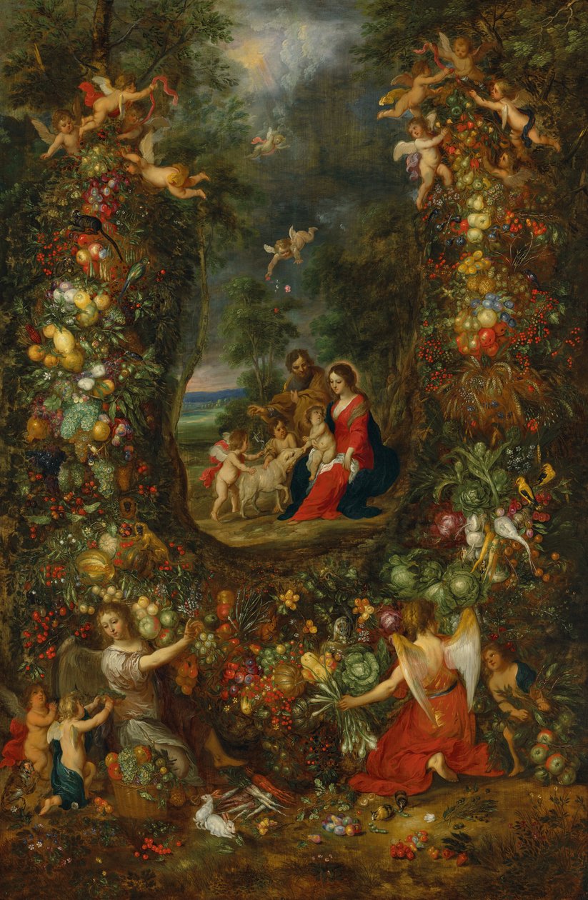 Den heliga familjen omgiven av en fruktkrans med stöd av putti (olja på pannå) av Jan & Balen Hendrik van (1575-1632) Brueghel