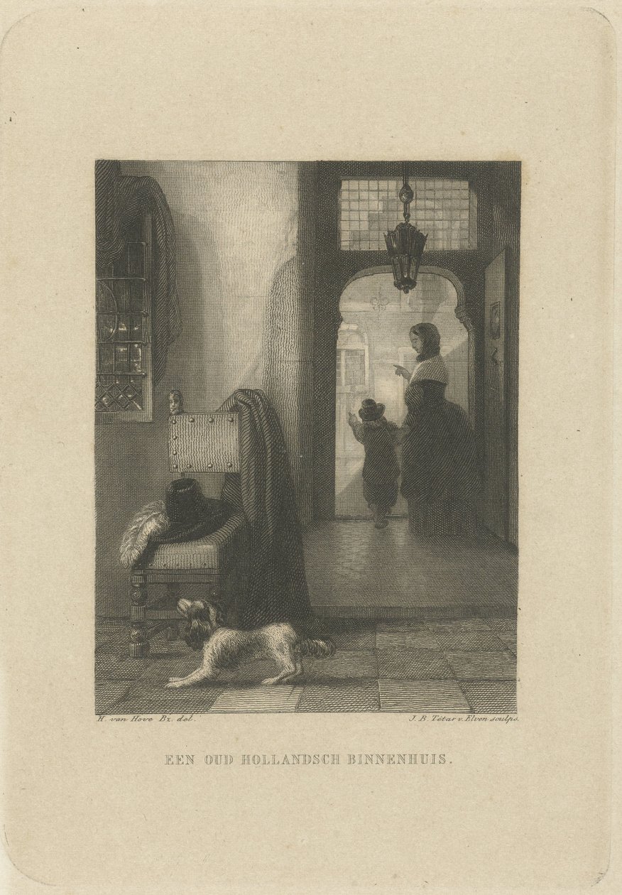 Interiör med hund ETT GAMLT HOLLANDS INOMHUS. (titel på objekt) av Jan Baptist Tetar van Elven