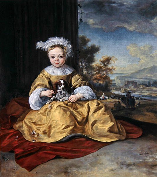Ett barn i en gul klänning som håller en hund (olja på duk) av Jan Baptist Weenix