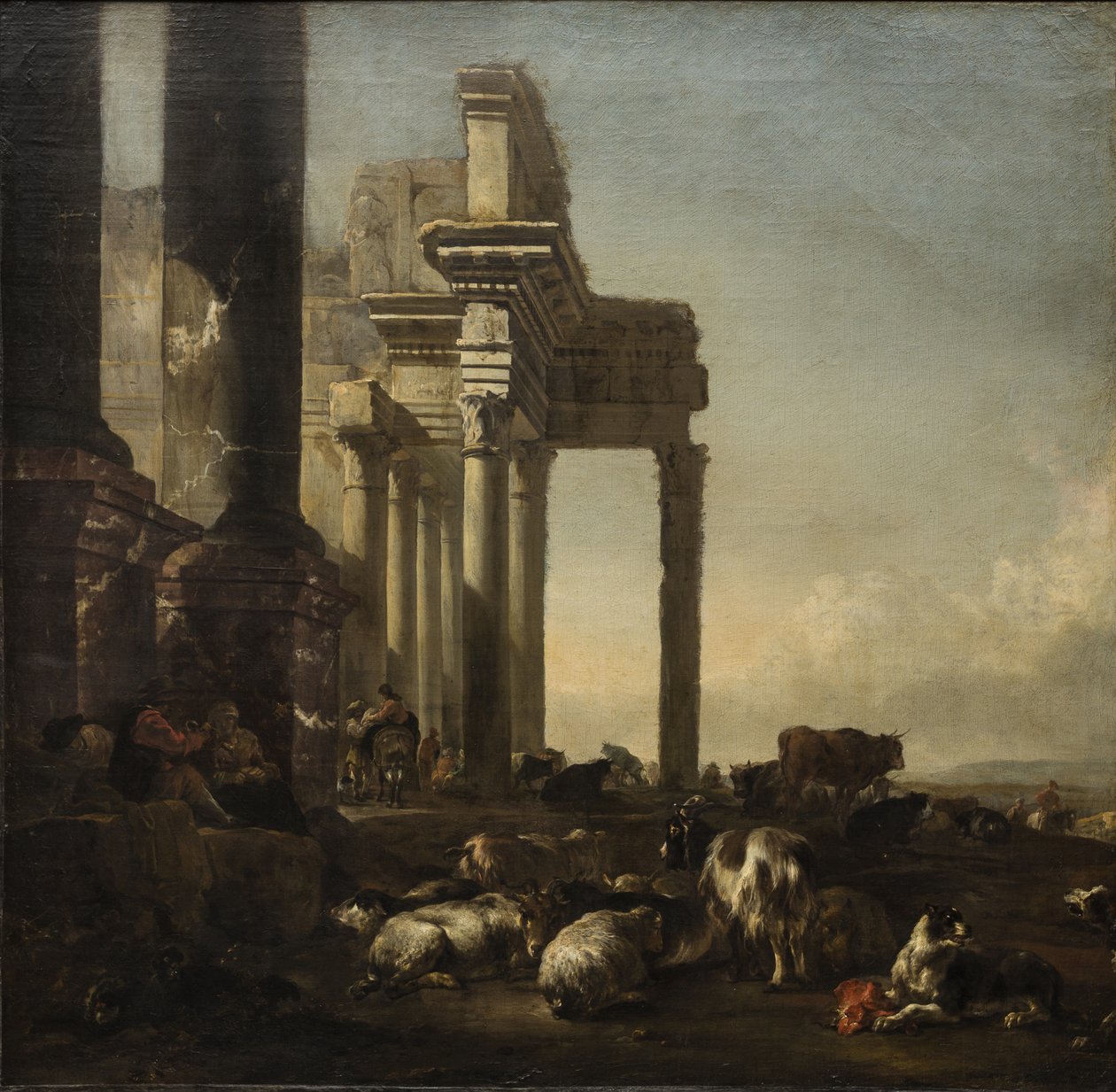 Ett italienskt landskap med bönder, boskap och får vid klassiska ruiner, ca 1650-talet (olja på duk) av Jan Baptist Weenix