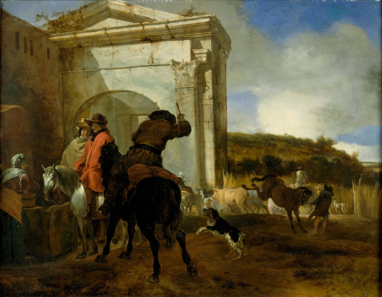 Italienskt landskap med ryttare vid en källa av Jan Baptist Weenix