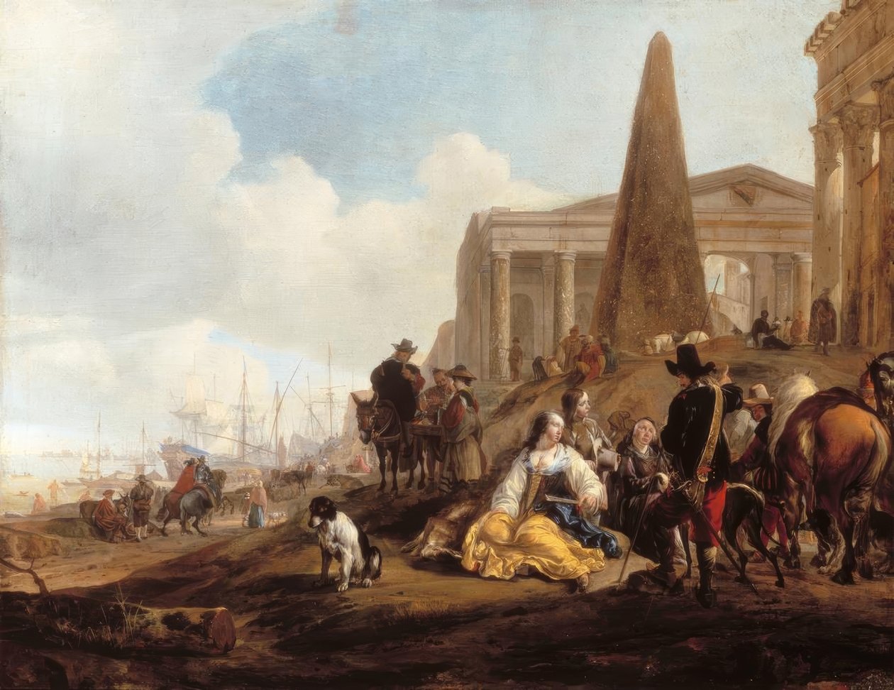 Medelhavets hamnscen med vilande figurer framför en antik ru av Jan Baptist Weenix