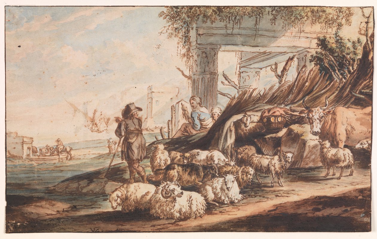 Herde med en flock får och en ko bland ruiner av Jan Baptist Weenix