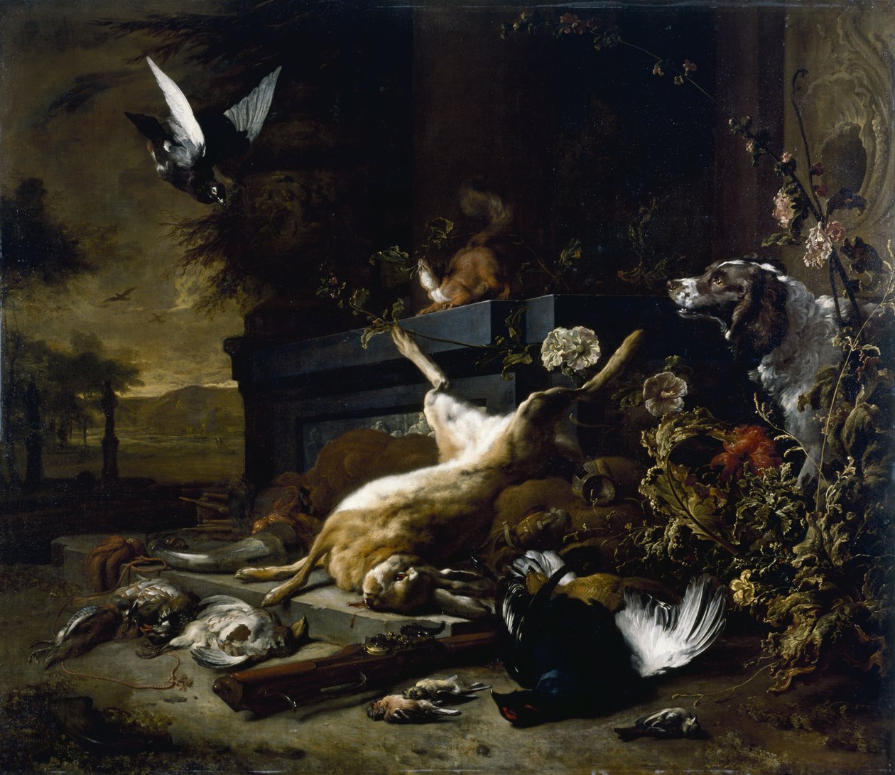 Stilleben av vilt inklusive en hare, orre och rapphöna, en spaniel som tittar på med en duva på flykt, ca. 1680 av Jan Baptist Weenix