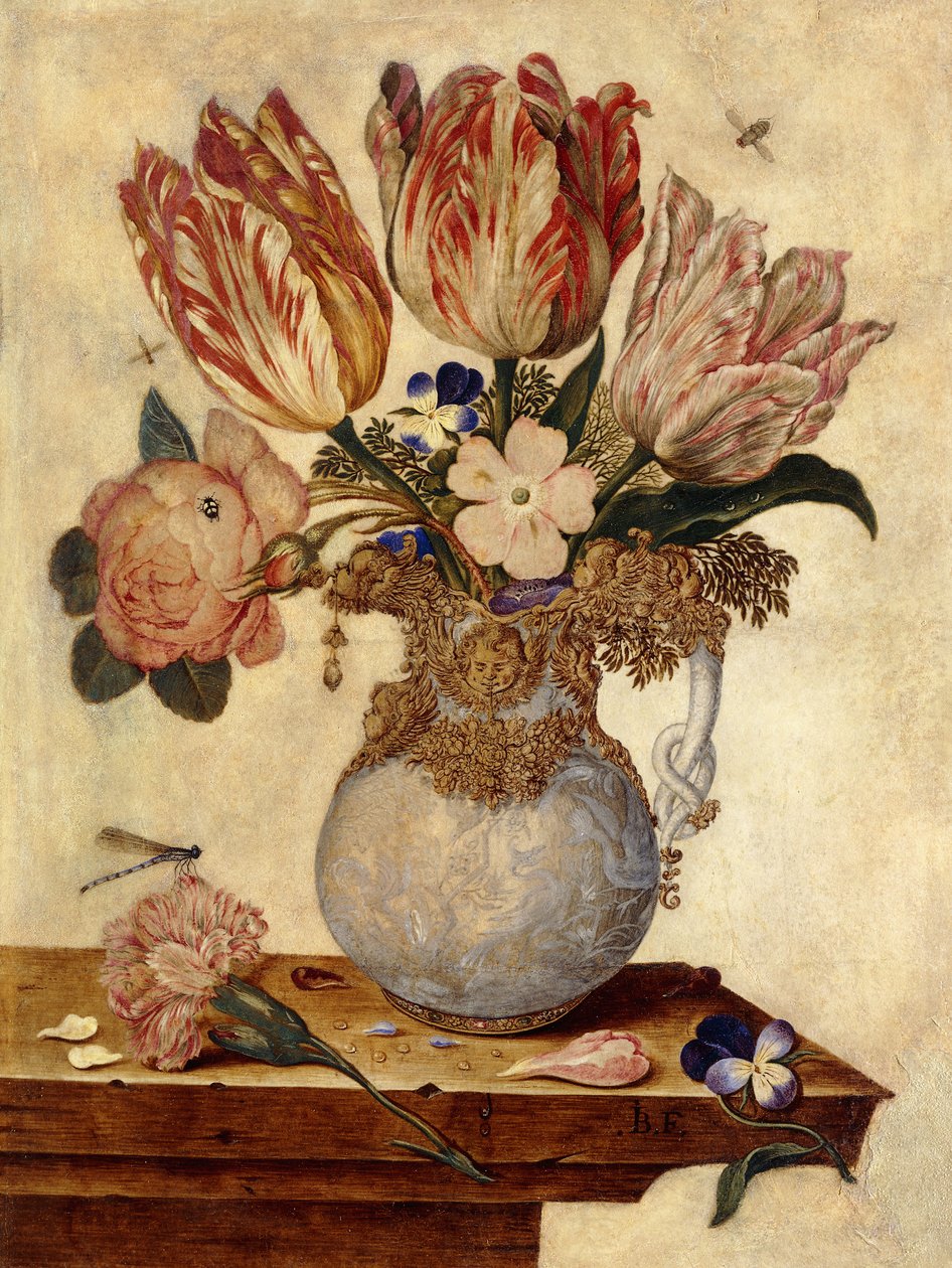 Tulpaner, förgätmigej, pioner och andra blommor i en vas på en avsats, av Jan Baptist van Fornenburgh