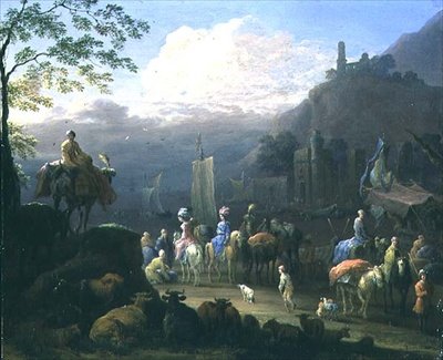 Ett sällskap av resenärer nära en hamn (olja på koppar) av Jan Baptist van der Meiren