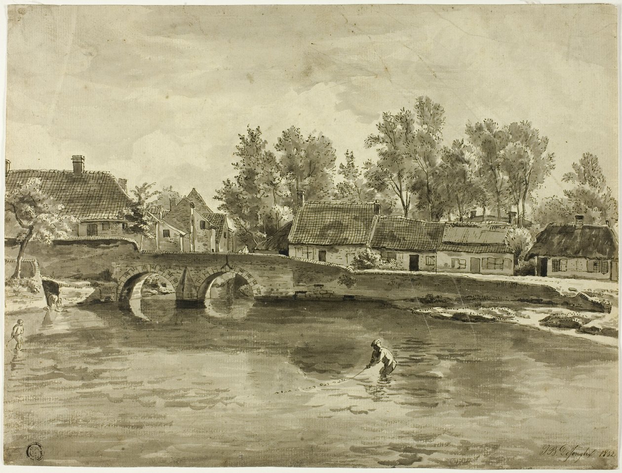 Man som fiskar i floden nära byn av Jan Baptiste de Jonghe