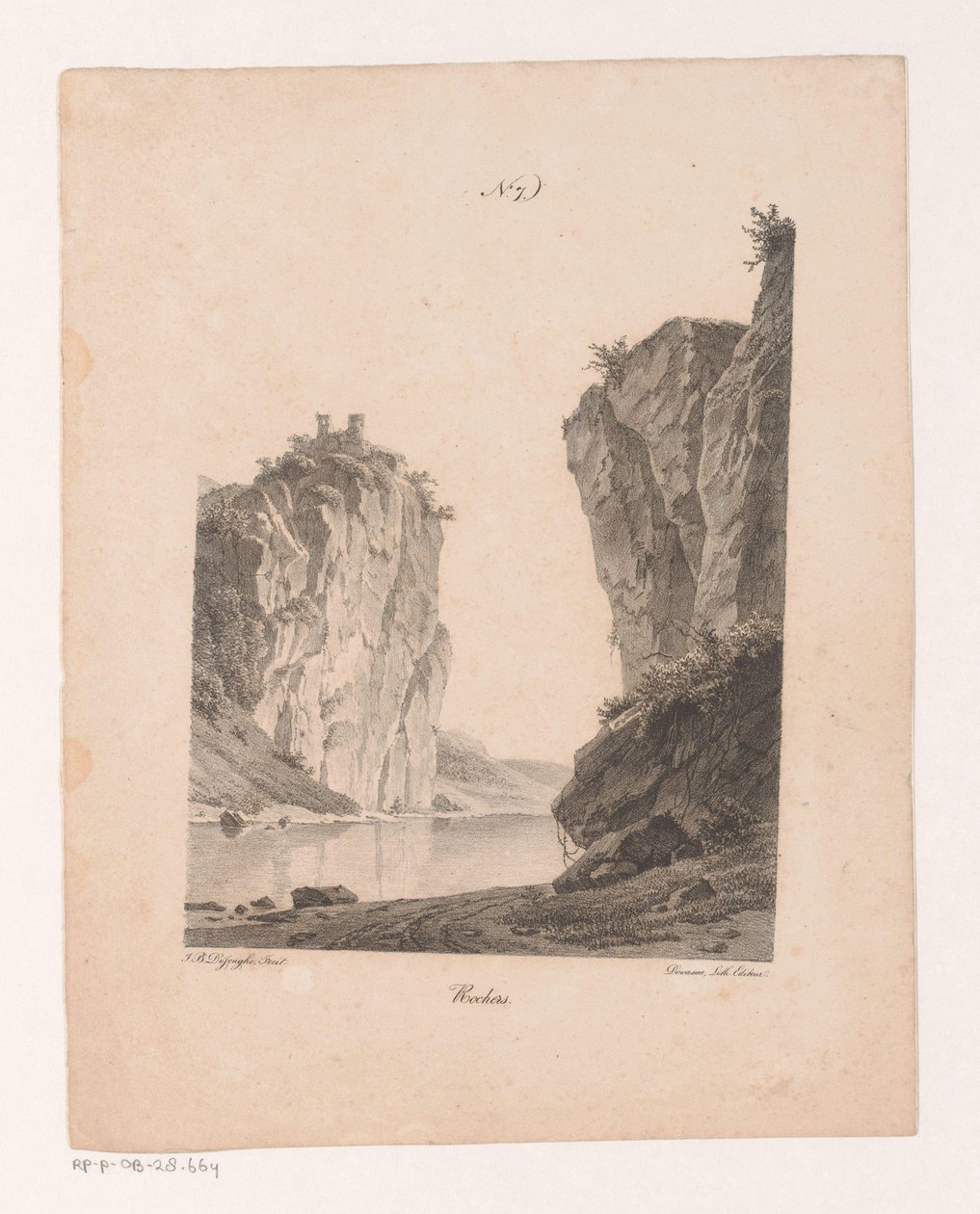 Rotsen längs vattnet Rocks (titel på objekt) Principer för landskap ritade från naturen och utförda på sten (serietitel) av Jan Baptiste de Jonghe