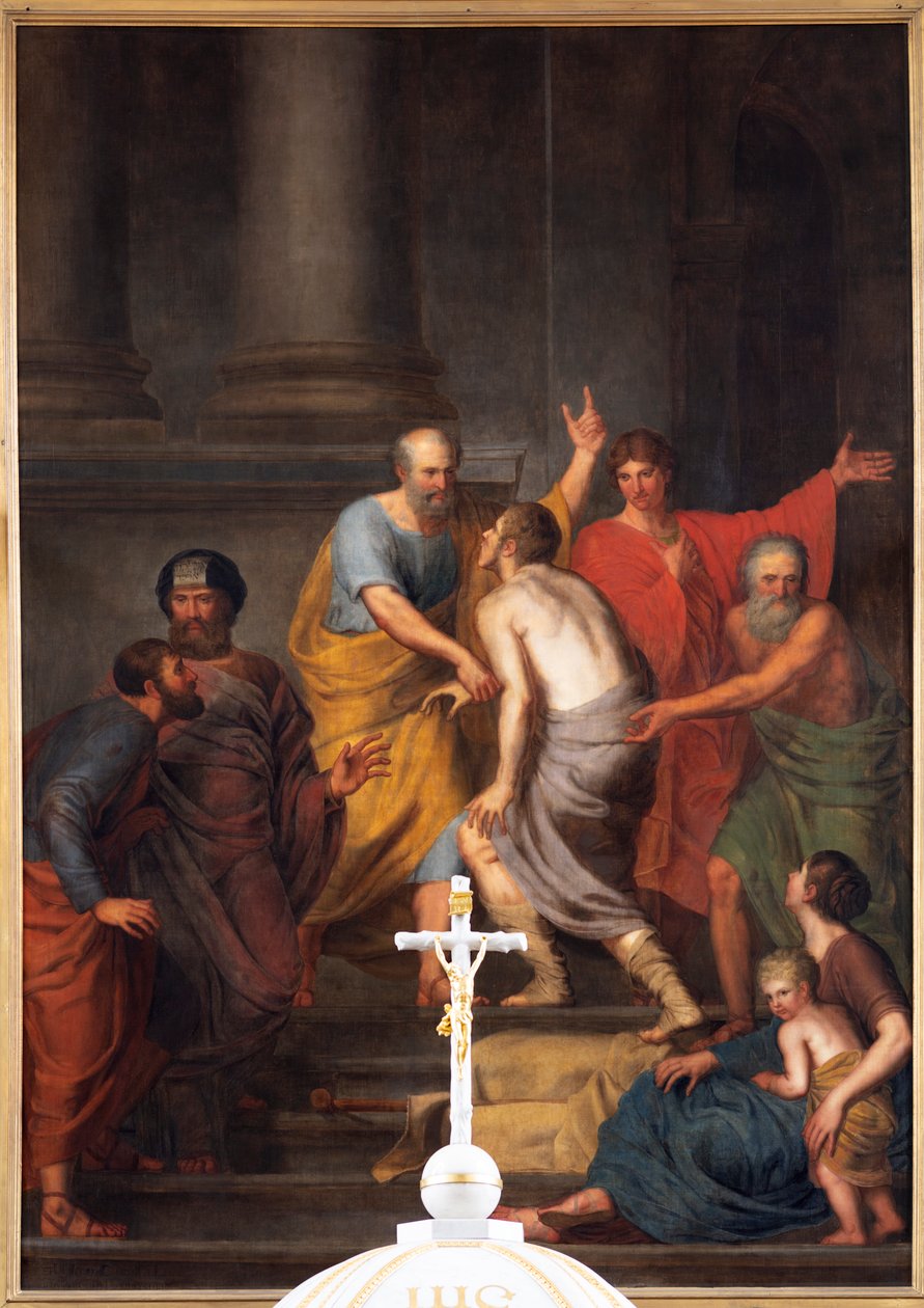 Inifrån, högaltaret, målningen "Petrus och Johannes hjälper en lam vid templet", Jan De Landtsheer av Jan Baptiste de Landtsheer