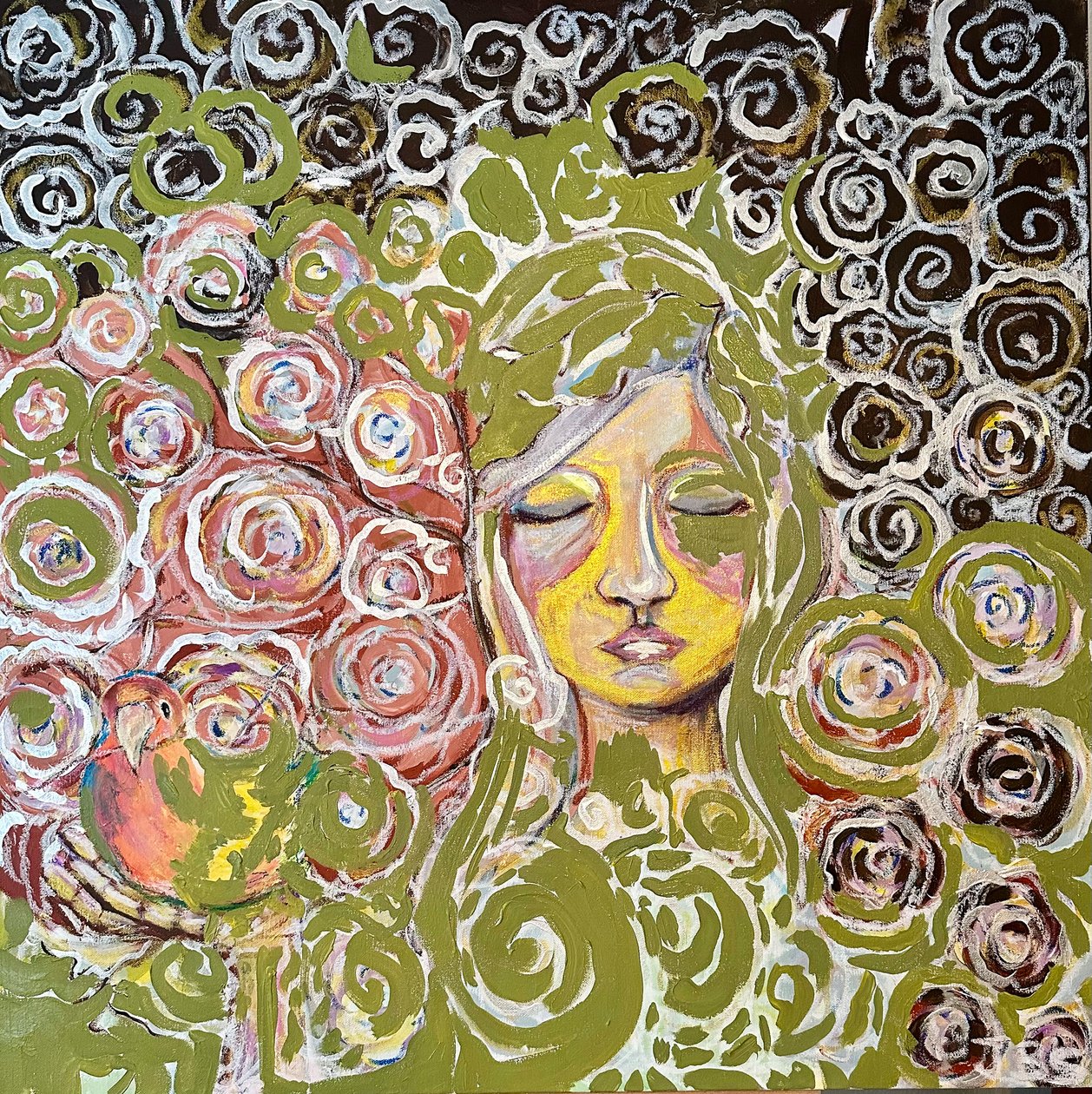 Girl With Parrott , 2024 (akryl på duk) av Jan Barzottini