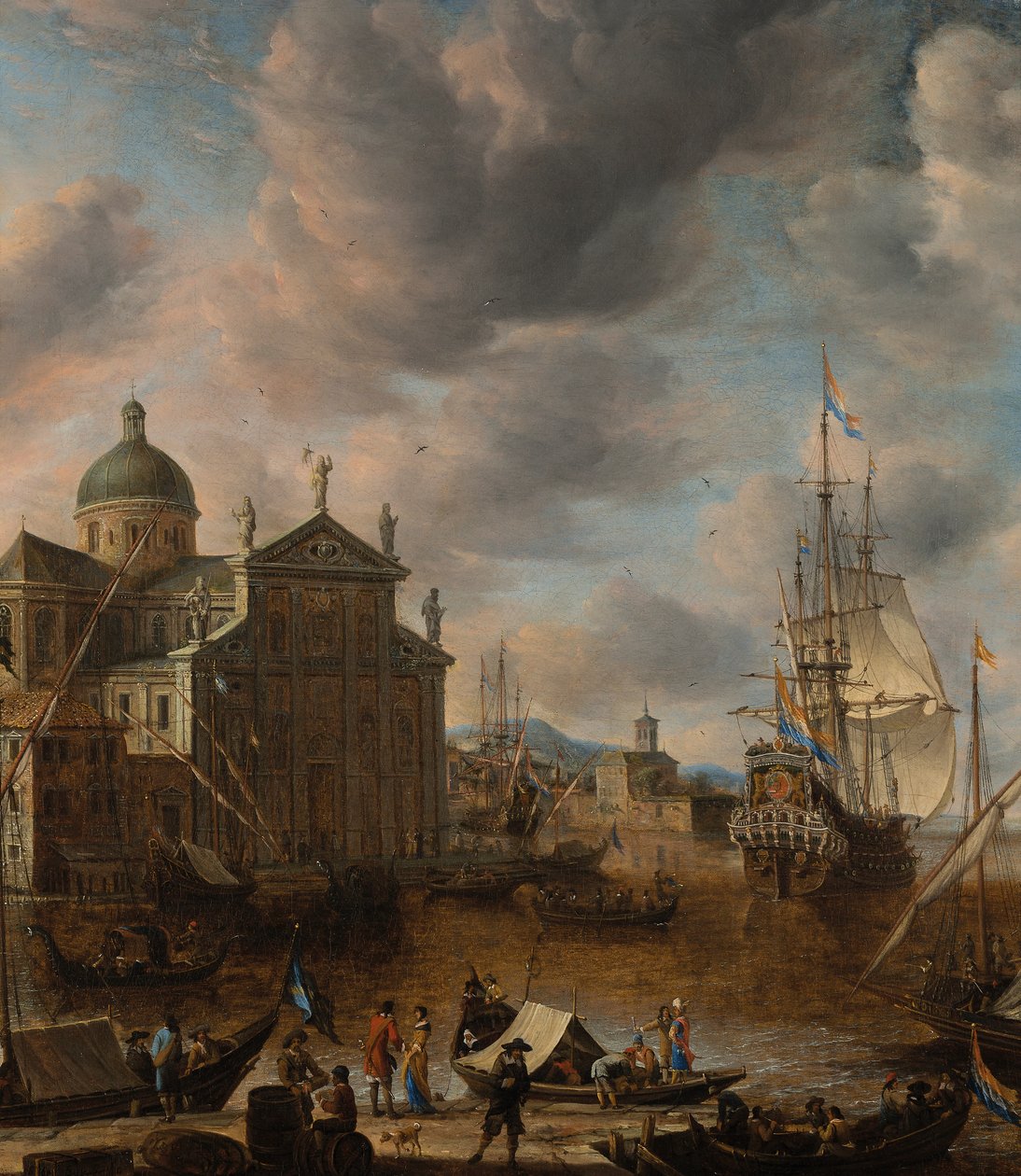 En "capriccio"-hamn i Medelhavet med figurer som samtalar på en kaj och en holländsk tremasters förtöjning bortom, 1665 av Jan Beerstraten