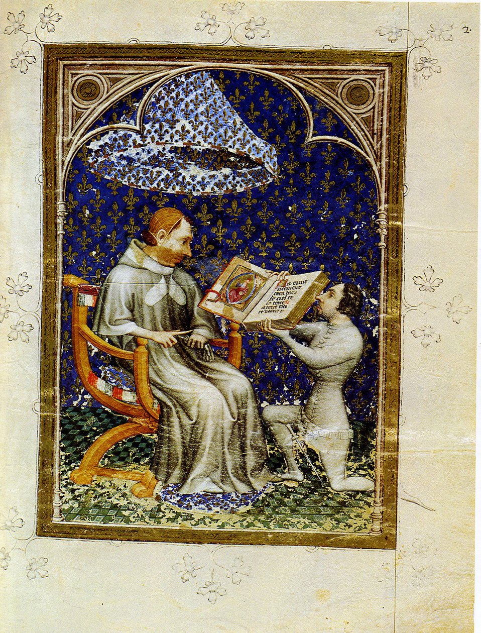 Jean de Vaudetar överlämnar sin gåva av en bok till Charles V av Frankrike. Från Jean de Vaudetars bibelhistoria, 1372 av Jan Bondol