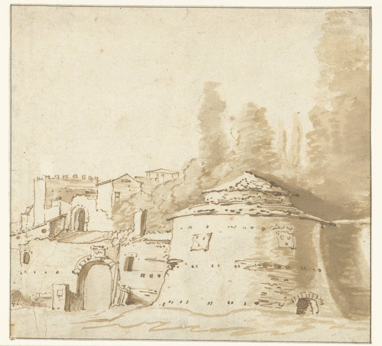 Italiensk byggnad med tungt runt torn av Jan Both (attributed to)