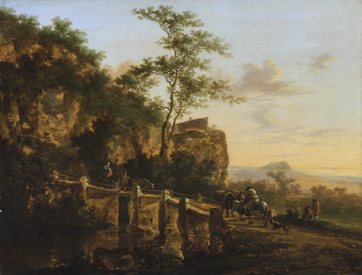 Holländska: Södra landskapet med resenärer nära en bro (Ponte Acquoria nära Tivoli) Bergslandskap med en bro av Jan Both