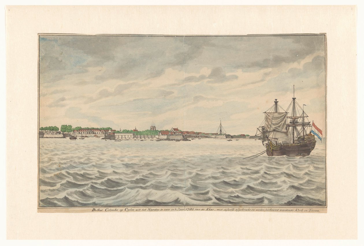 Staden Colombo i Ceylon sedd från norr år 1785 från vägarna, med dess rivna kyrka och torn, som höll på att byggas om. (titel på objekt) av Jan Brandes (signed by artist)