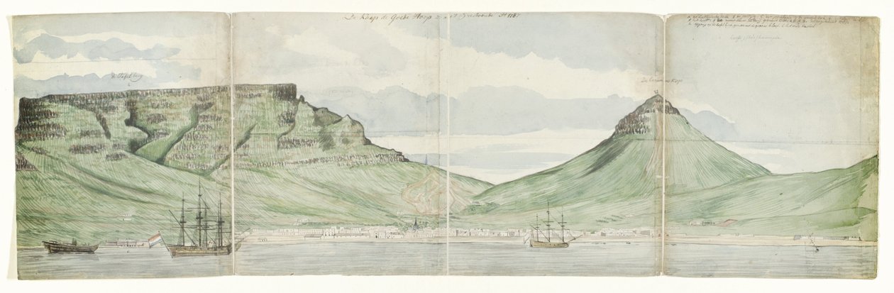Taffelberget och Kapstaden sett från havet Godahoppsudden som den såg ut Ao. 1787 (titel på objekt) av Jan Brandes
