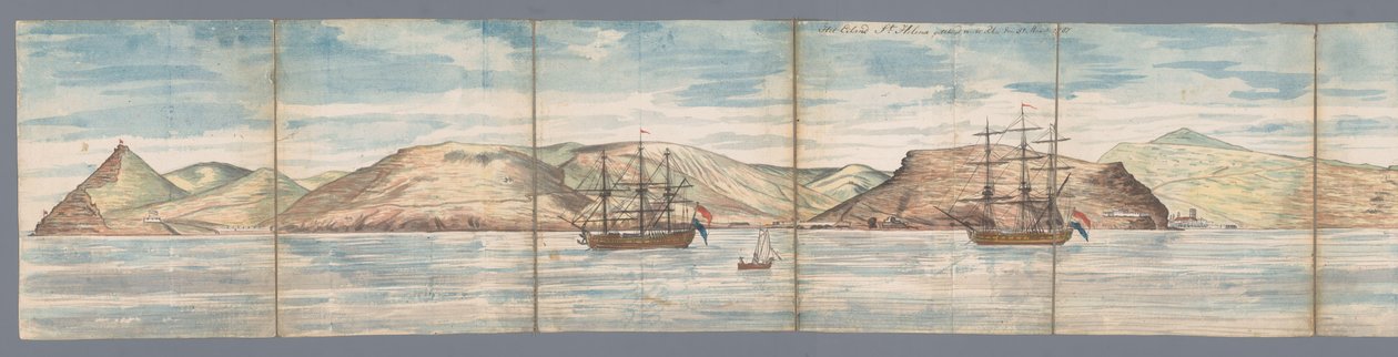 Utsikt över Saint Helena Ön St Helena ritad från Rhee den 31 mars 1787 (titel på objekt) av Jan Brandes