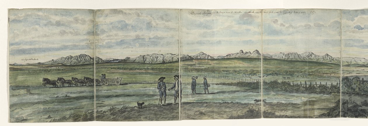 Panorama över Hottentots Holland Kaapsche Bergen från Kap till norr sträcker sig från Baay Fals till Tygerberg tvärs över. 1787 (titel på objekt) av Jan Brandes