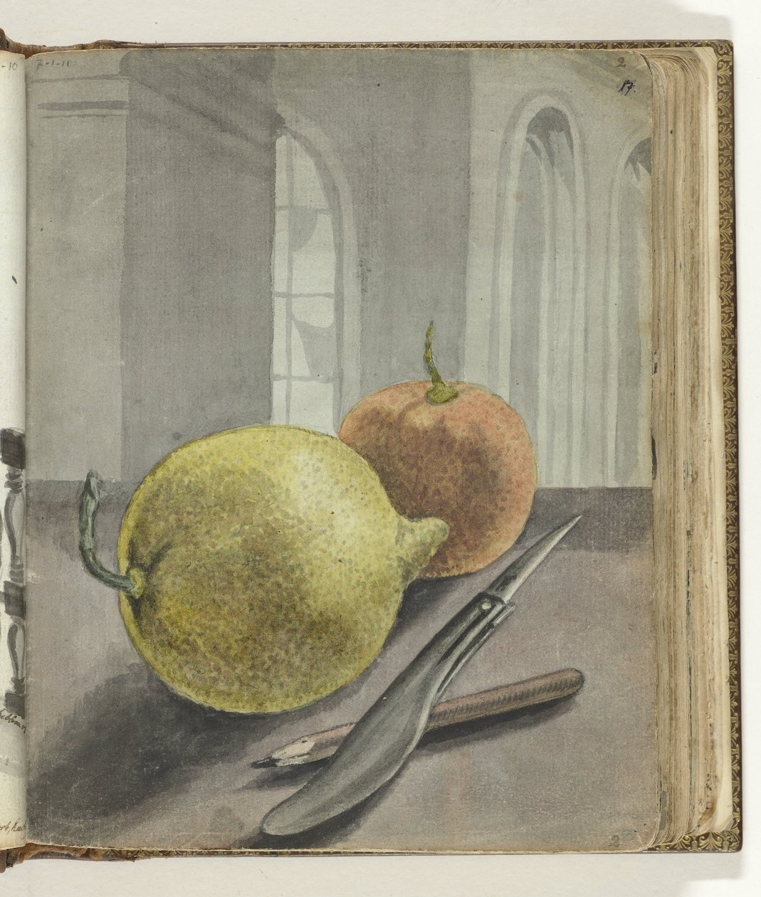 Stilleben med frukt, kniv och penna. av Jan Brandes