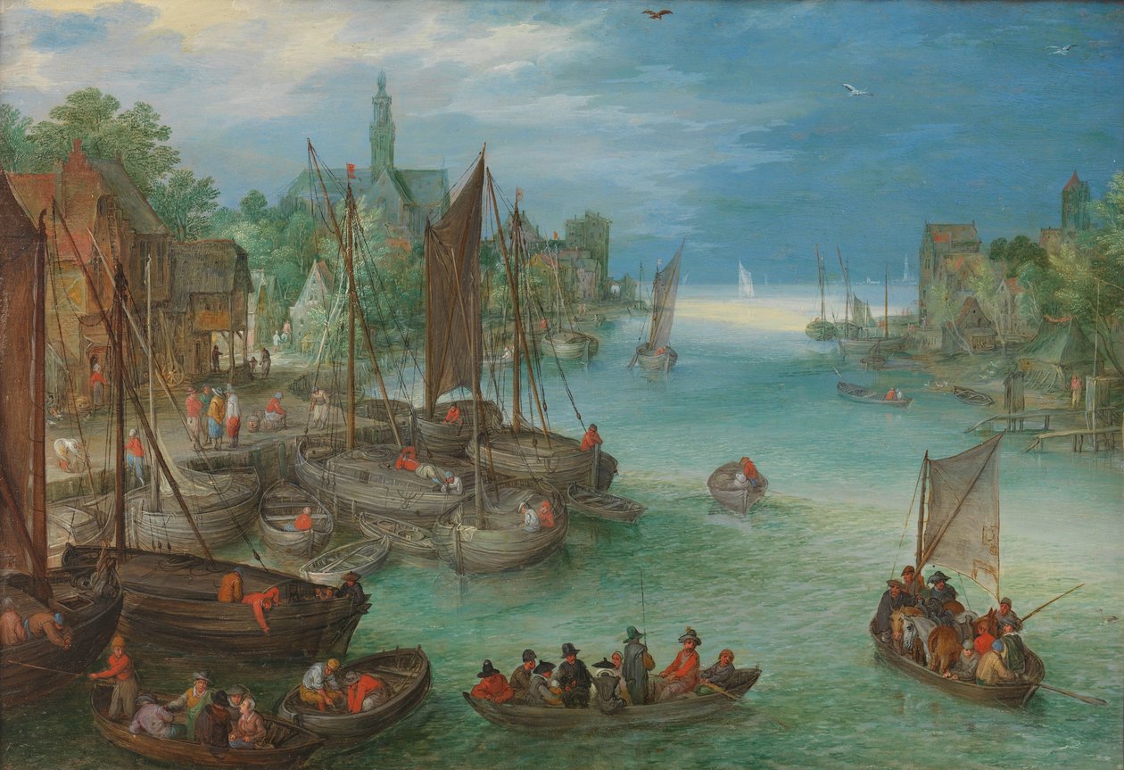 Utsikt över en stad längs en flod Utsikt över en stad vid en flod av Jan Brueghel (I) (attributed to)