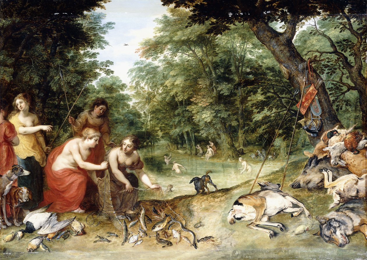 En allegori över elementen, jorden, luften och vattnet: nymfer som badar i en skogbevuxen glänta med jaktens troféer i närheten, ca 1621 av Jan Brueghel the Elder